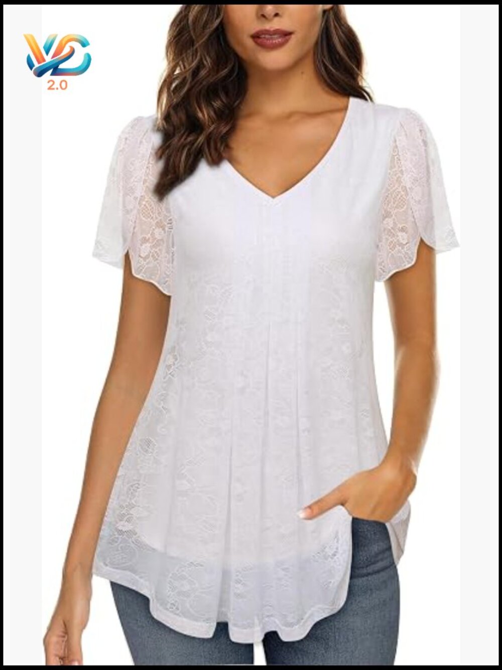 Short Sleeve V Neck Blouse Double Layer Mesh Flowy Tunic Casual Dressy Top